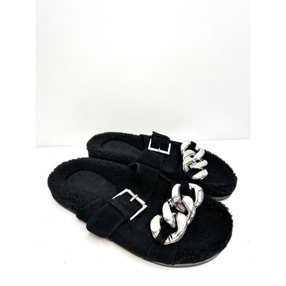 Marc Fisher Sandals Womens Size 6 Leather Black Fresno Shearling Sherpa Slides - Picture 4 of 10